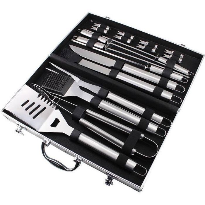 Set dUstensiles Bbq pour Grillades - SOTECH - 18 ustensiles en acier inoxydable - Mallette en aluminium-keeper