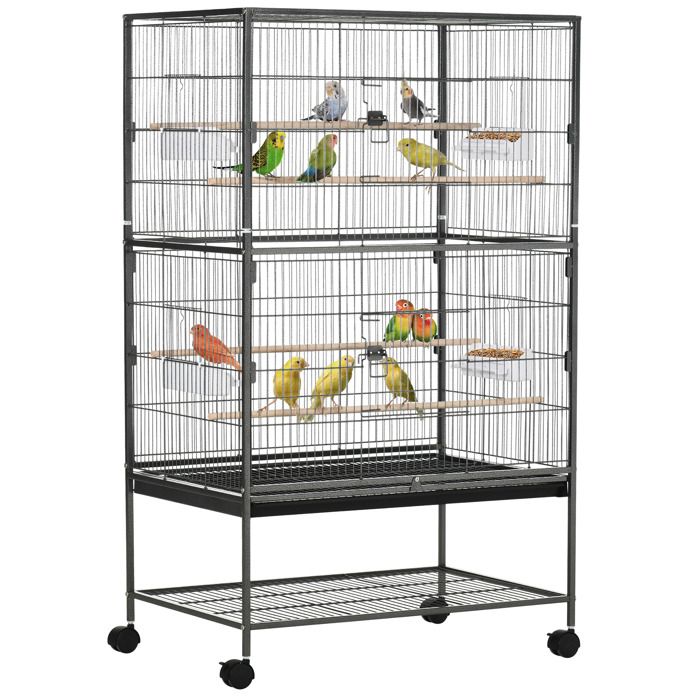 Meilleurs prix pour Cage à oiseaux sur pied - volière oiseaux intérieur - PawHut - 4 perchoirs en bois et mangeoires 6 portes plateau - gris foncé