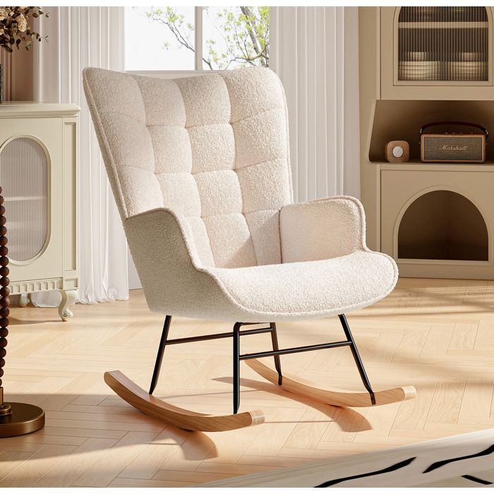 Fauteuil à Bascule - LUMINARIX - Rocking Chair - Bois Massif - Velours Teddy - Beige