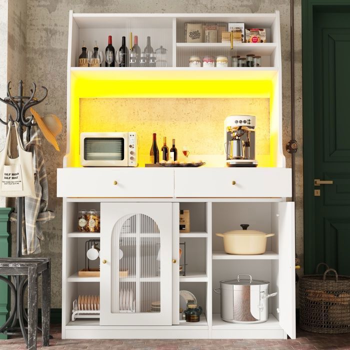Buffet Haut Cuisine avec 2 tiroirs et 3 portes Buffet de Cuisine avec LED Armoire de Rangement 120x40x180cm Blanc