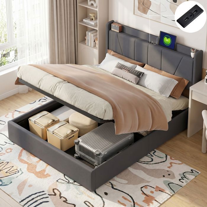 Lit coffre 160x200 cm lit adulte avec USB et Type-C lit double avec rangement hydraulique lit capitonné avec sommier lin gris