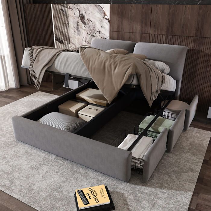 Lit coffre capitonné 140x190 cm - MODERNLUXE - 3 tiroirs - Sommier à lattes - Velours - Gris(sans matelas) Lit coffre capitonné 140x190 cm - MODERNLUXE - 3 tiroirs - Sommier à lattes - Velours - Gris(sans matelas)