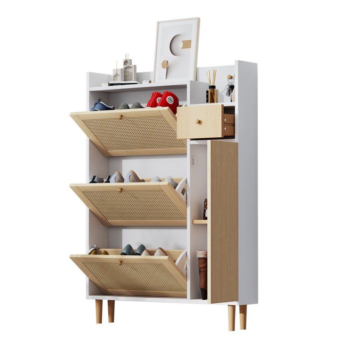 Meuble à chaussures en bois et rotin 3 portes basculantes pieds en bois L90×H125×P17 cmBlanch