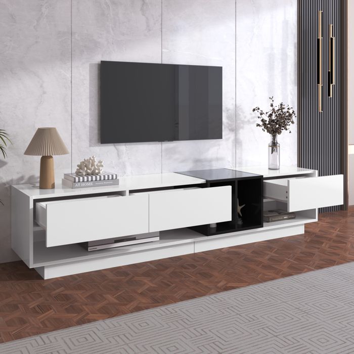 MODENUIT Meuble TV bas 190x40x42 cm avec 3 tiroirs et étagères ouvertes finition laquée blanc et noir