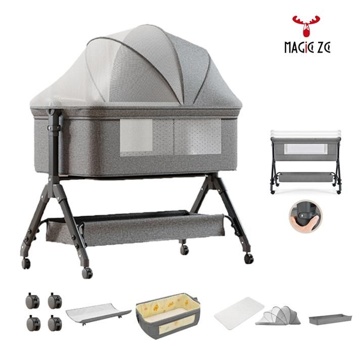 CododoLit BebeMagicZC Lit Bébé CododoRéglable，avec Six cadeaux Moustiquaires matelas tables à langer etc Gris