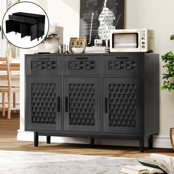 Commode Salon avec Rangements -3 Tiroirs et 3 Porte - Tressage Rotin Simulé - Commodes Chambre Noir Scandinave - 107.9x40x80cm