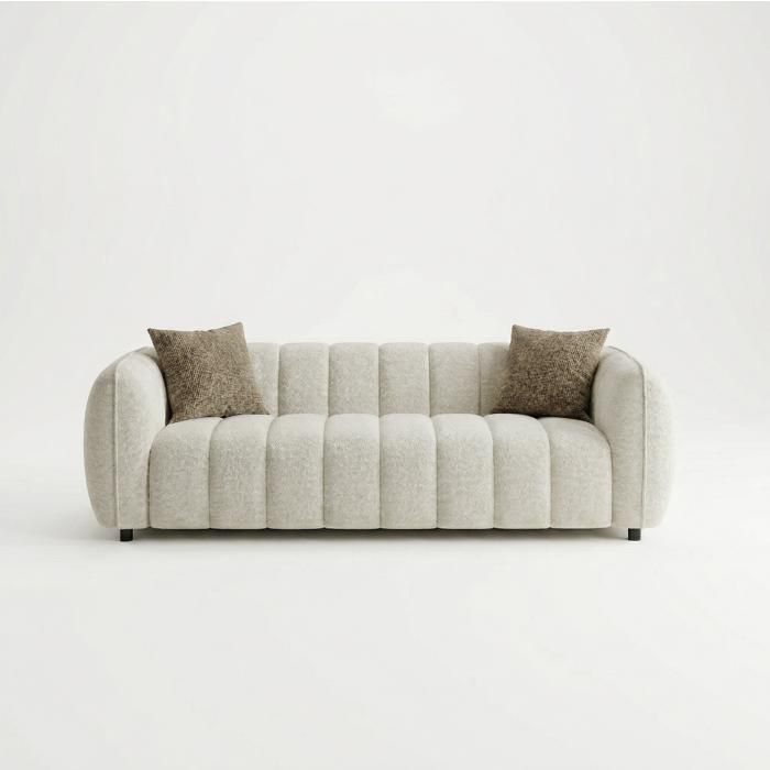 Canapé 3 places en tissu bouclette - Design moderne - Beige clair / Écru - 214 x 100 x 68 cm