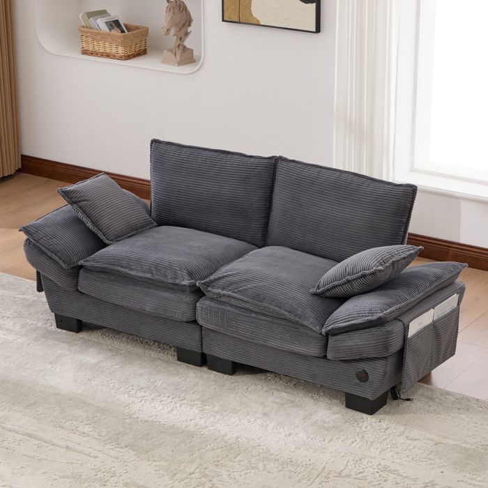 Bladez- Canapé 2 places modulable avec USB-C assise confortable mousse HD rangements poches pour salon ou bureau - Gris foncé