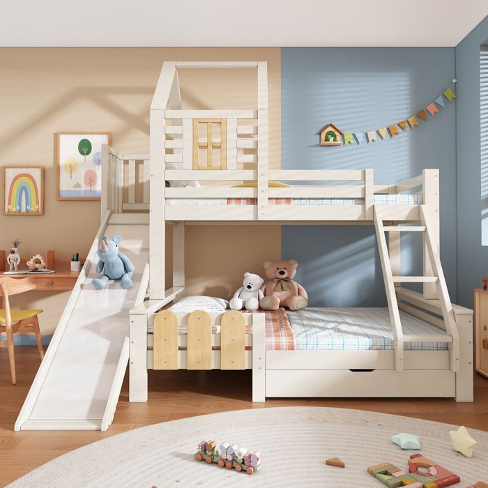 Lit superposé 90 x 200 et 140 x 200 cm lit enfant style cabane avec tiroirs toboggan et échelle blanc