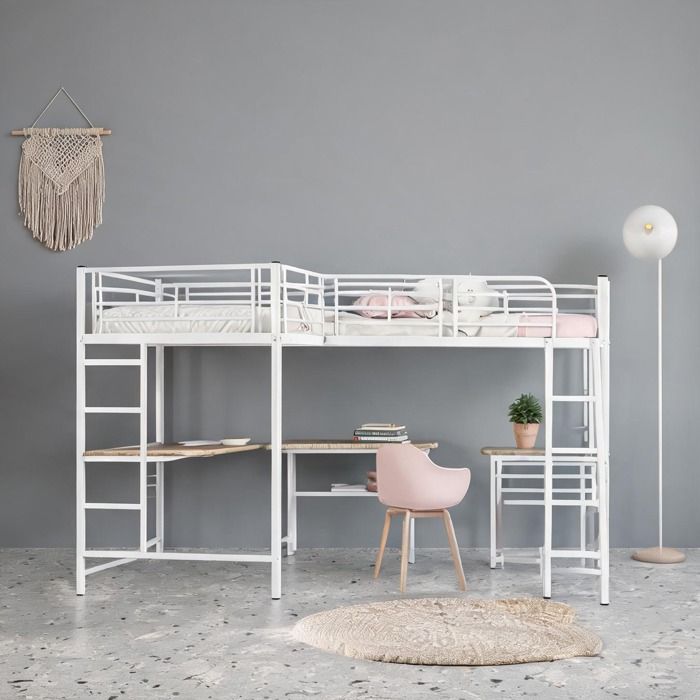 Lit superposé avec bureau intégré 90x200 cm structure métal et MDF finition white finish