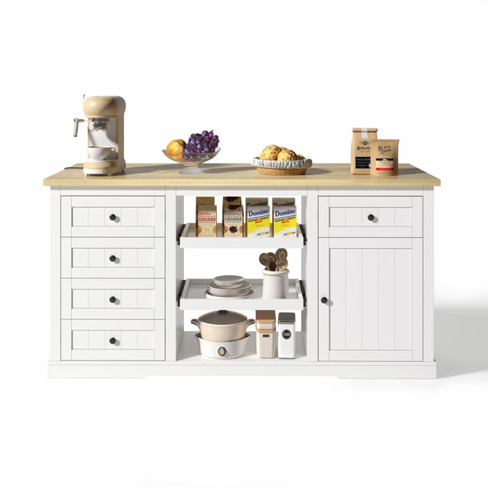 Îlot de cuisine - 150×65×75 cm - Plateau rabattable - 5 tiroirs - Prises intégrées