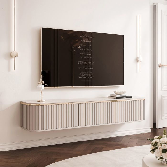 Meuble TV Mural 165 cm AZELIA - 3 portes rainuré - avec LED - 165x35x31 cm - Cachemire