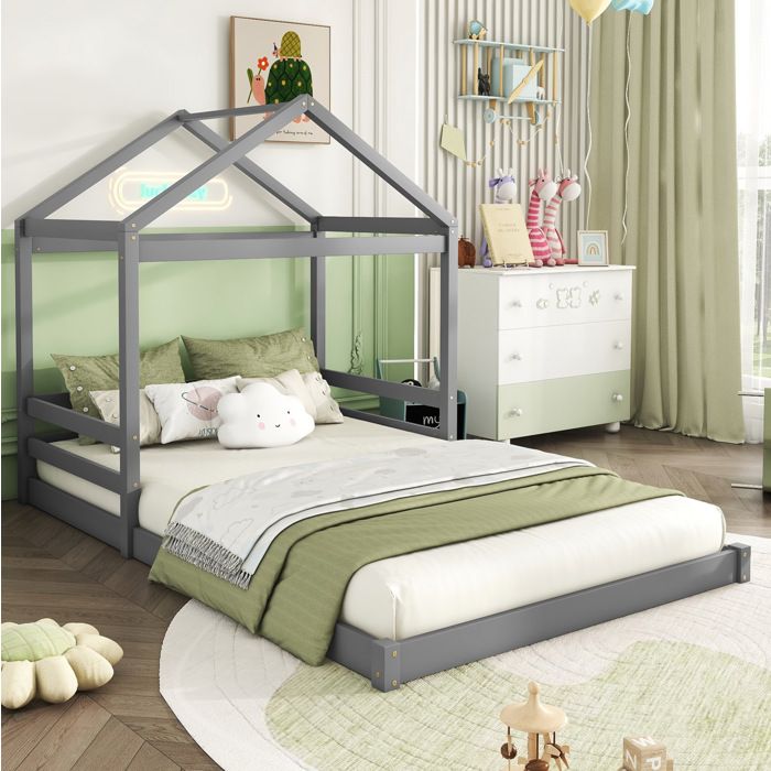 Lit cabane 140x200 cm - Avec sommier à lattes - Sans matelas - En pin - Gris