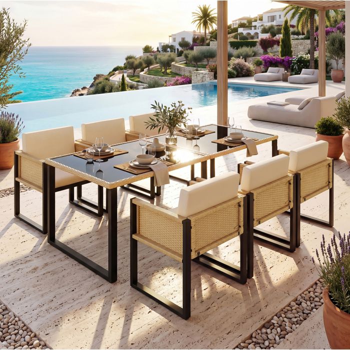 MEUBLIV Salon de jardin 6 personnes avec table 170 x 80 cm 6 fauteuils en résine tressée verre trempé