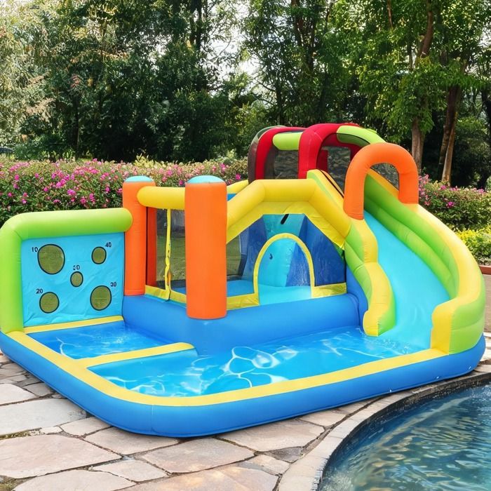 Parc de jeux gonflable deep blue en Oxford toboggan aquatique trampoline mur de cibles et panier de basket 410 x 315 x 203