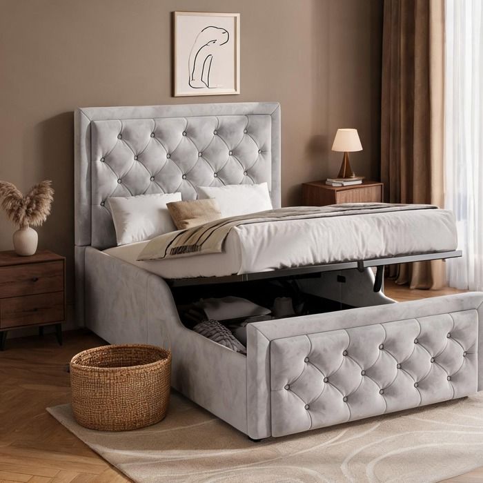 Lit enfant avec coffre hydraulique 90x200 cm velours gris froid sommier inclus