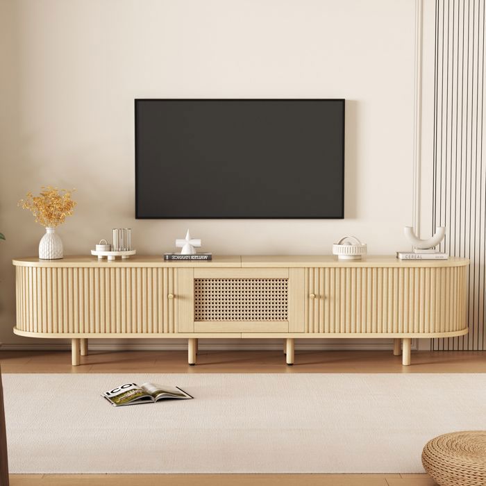 Meuble TV moderne design aux angles arrondis porte à volet roulant tiroirs imitation rotin MDF pieds en bois massif 180x40x40cm