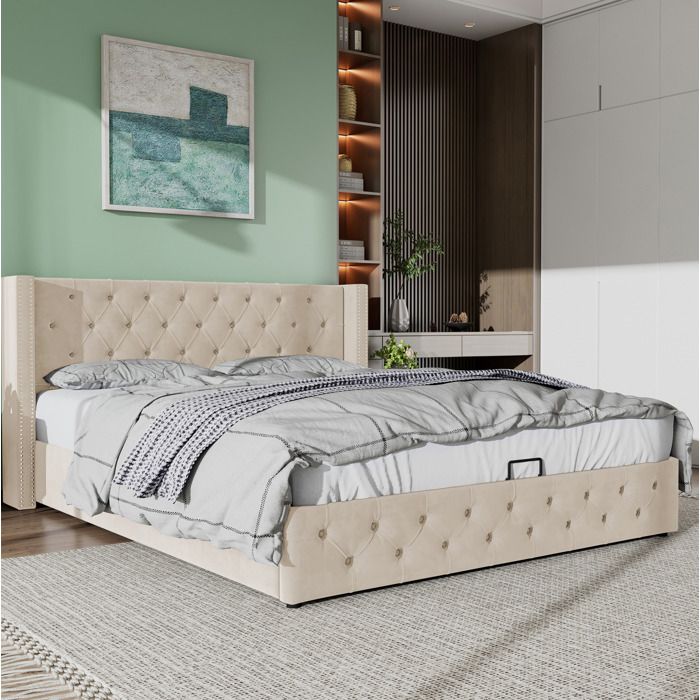 Lit Coffre 2 Places En Velours Beige Lit Capitonné Chesterfield FloraGrace Pour Chambre Avec Rangement Hydraulique 160x200cm