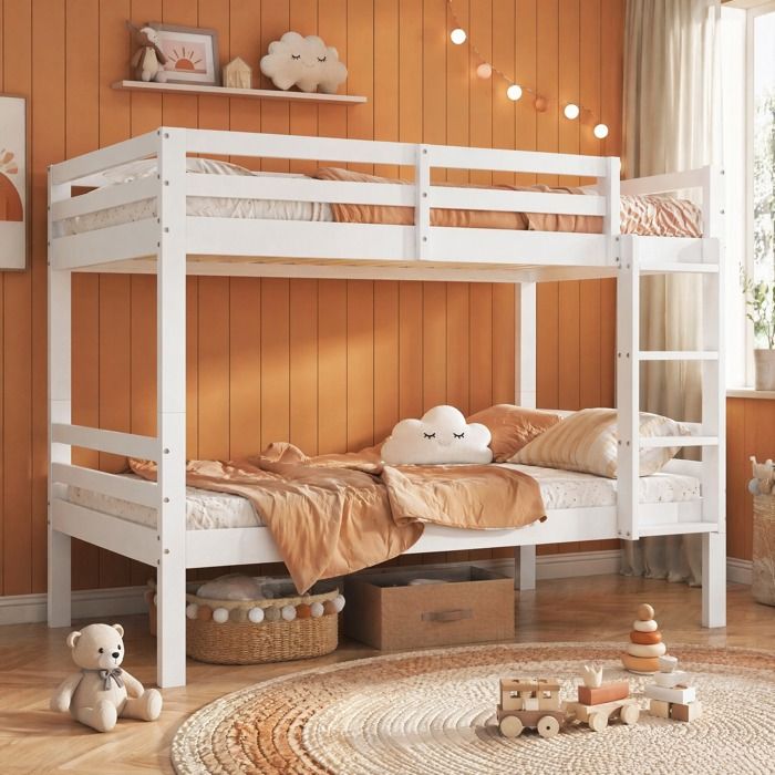 Lit superposé enfant 90 x 200 cm en pin blanc échelle 3 marches barrières de sécurité séparable en 2 lits