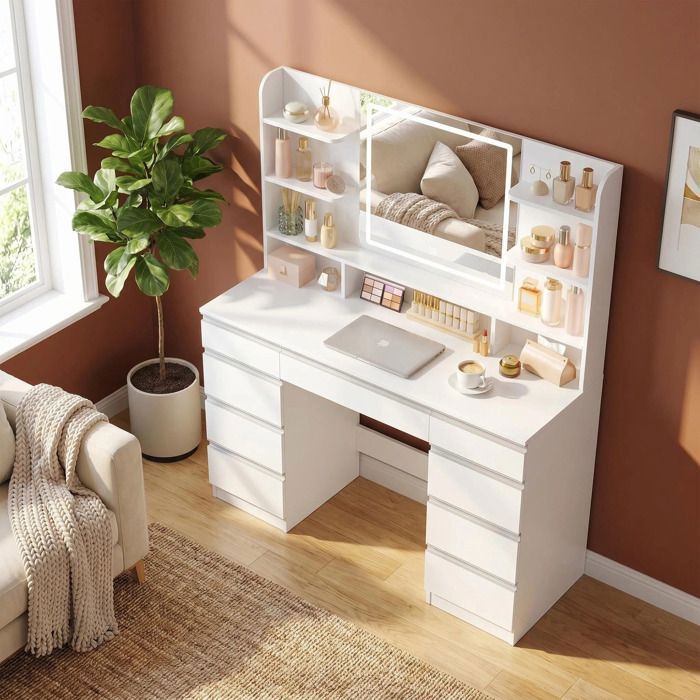 Grande coiffeuse LED 3 couleurs luminosité réglable miroir 9 tiroirs 9 étagères ouvertes Blanc‑Argent