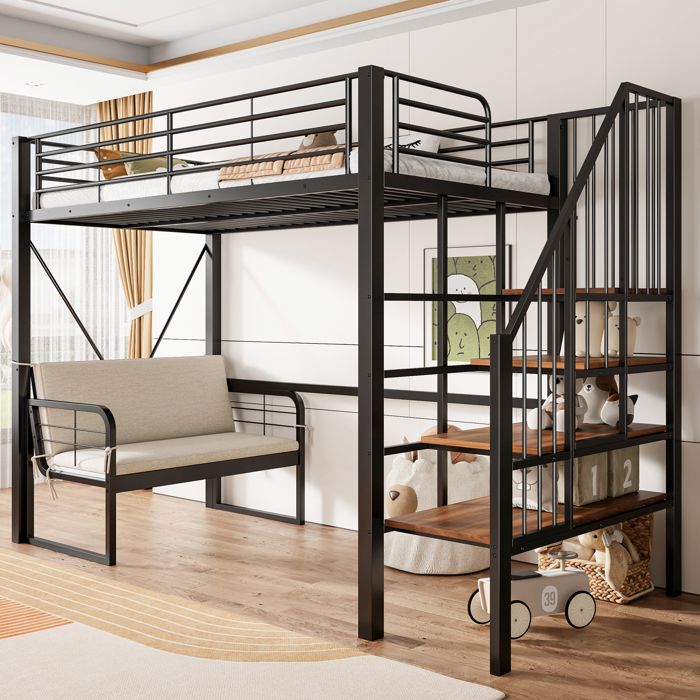 Lit superposé métal 90x200cm noir - canapé rembourré amovible échelle rangement espace sous le lit 140cm pour enfants/adultes