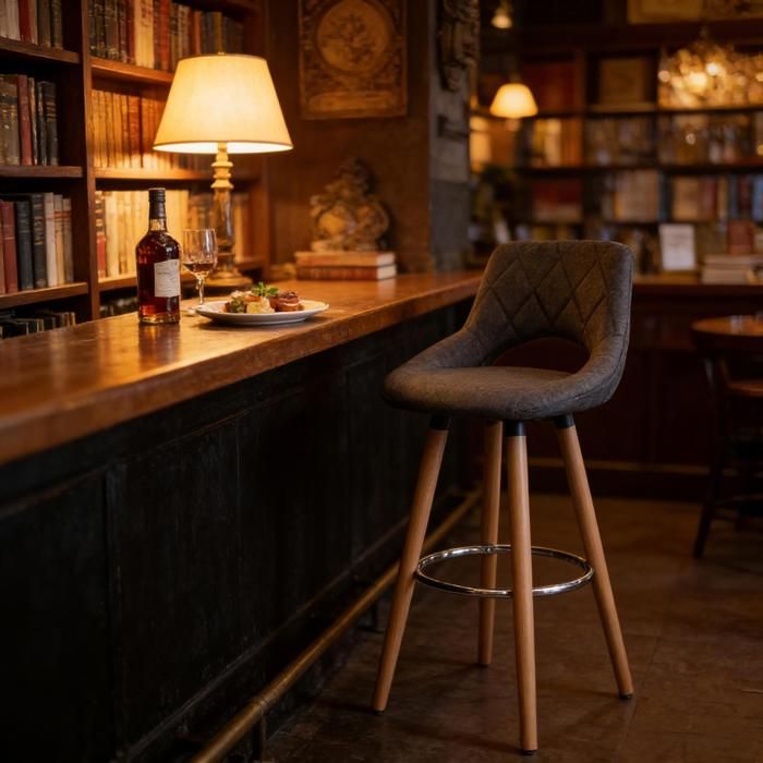 Tabouret de bar avec dossier 96 x 43 x 40 cm en lin et bois gris foncé avec repose-pieds 4 pieds pour cuisine