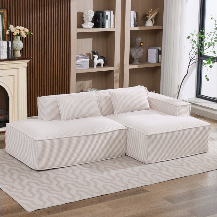 Canapé dangle fixe 235 cm tissu beige 2 places avec 2 coussins ressorts ensachés et mousse haute densité FOLYNA