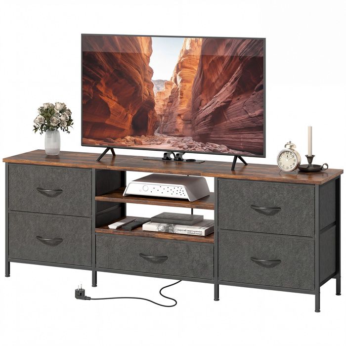 Meuble TV - Banc TV Industriel Station de Charge 5 Tiroirs Tissu - TV 65 Pouces - 140 x 30 x 50 cm - Marron