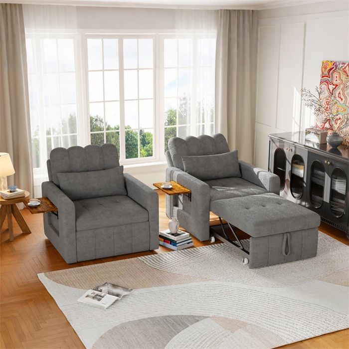 Fauteuil convertible 3-en-1 - Fauteuil-lit en velours de chenille avec table latérale intégrée - Gris