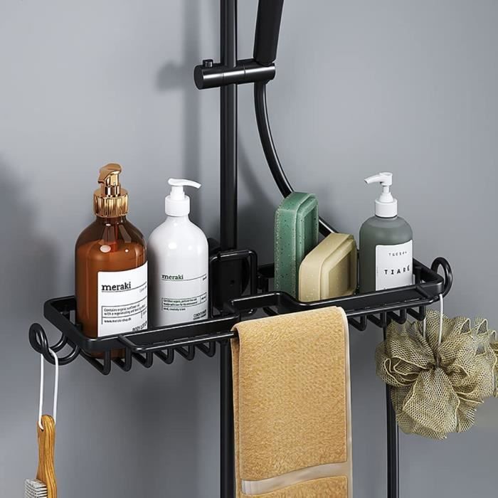 Étagère Douche GERUIKE Sans Perçage - Pour Barre Φ18-25mm, Noir, Avec Crochets Et Porte-Serviettes - Lot De 2