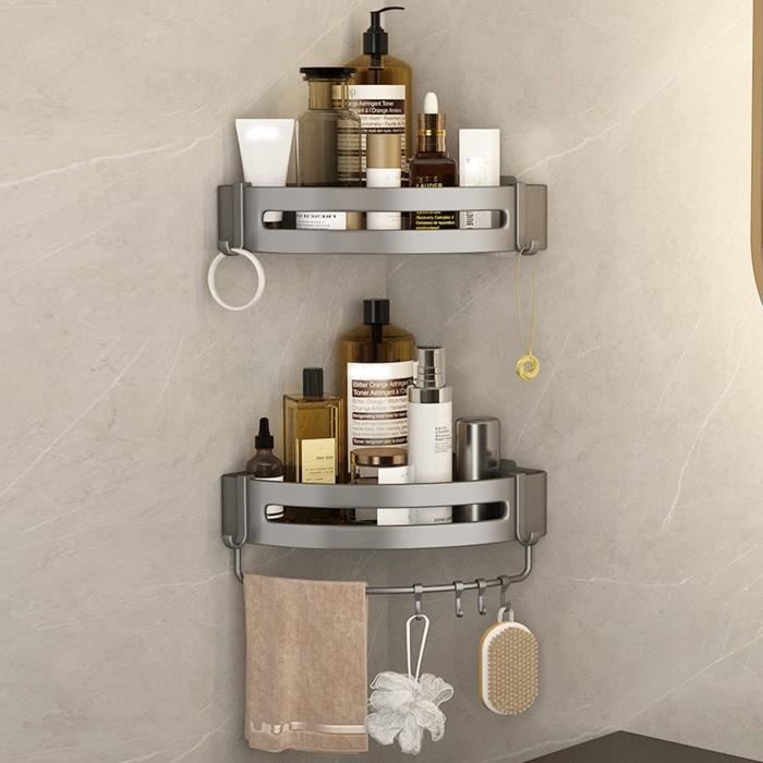 Étagère Douche Angle Sans Percage RCQD - 2 Plateaux + 4 Crochets Inox (Adhésif)