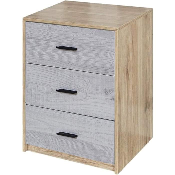 Table De Chevet H. 64 Cm 3 Tiroirs Décor Chêne Et Sable Mat   Rosalie