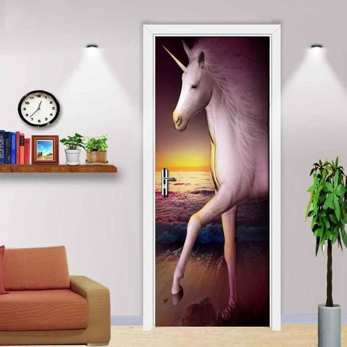Sticker De Porte 3D La Créativité Des Chevaux Animaux Vinyle Art Poster Motif Self-Adhesive Amovible Imperméable Pour Chambre Salle De Bain Living Room Cuisine Décoration 77X200Cm