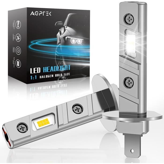 AGPTEK Ampoules H1 LED, 70W 12000LM Lampe de Phare pour Voiture et Moto,  Phare Avant de Voiture en Aluminium, Feux de Croisement sans Erreur avec  Puce