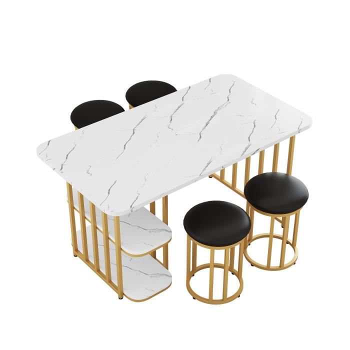 ensemble de 4 chaises de salle à manger avec table pour cuisine, table 140*80*75cm avec espace de rangement, blanc et or