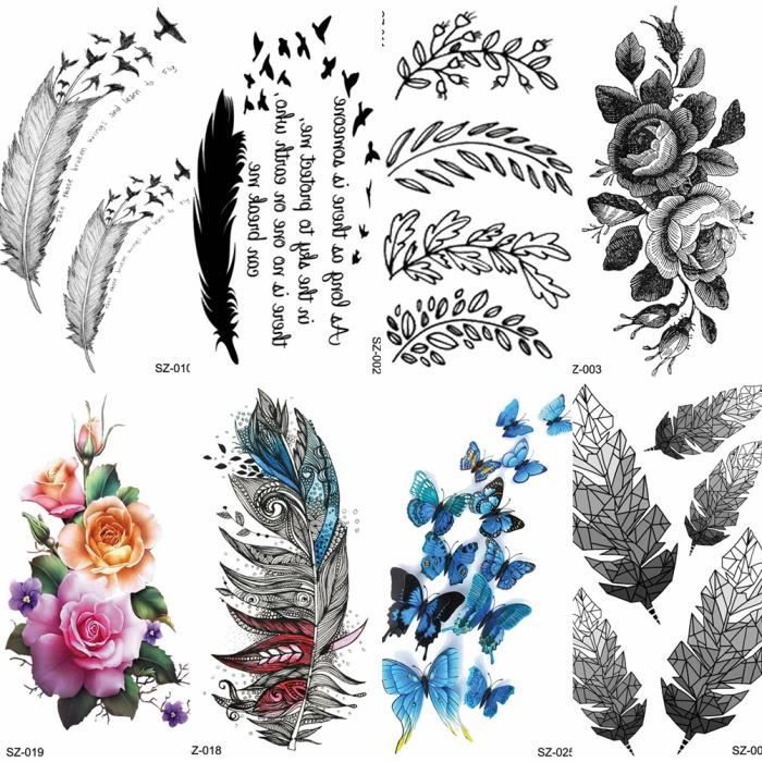 8 Morceaux Petites Plumes Tatouages Temporaires Femmes Corps Bras Oiseaux Mains Feuille Feuilles Chaines Fleur Flash Papillon Cdiscount Au Quotidien