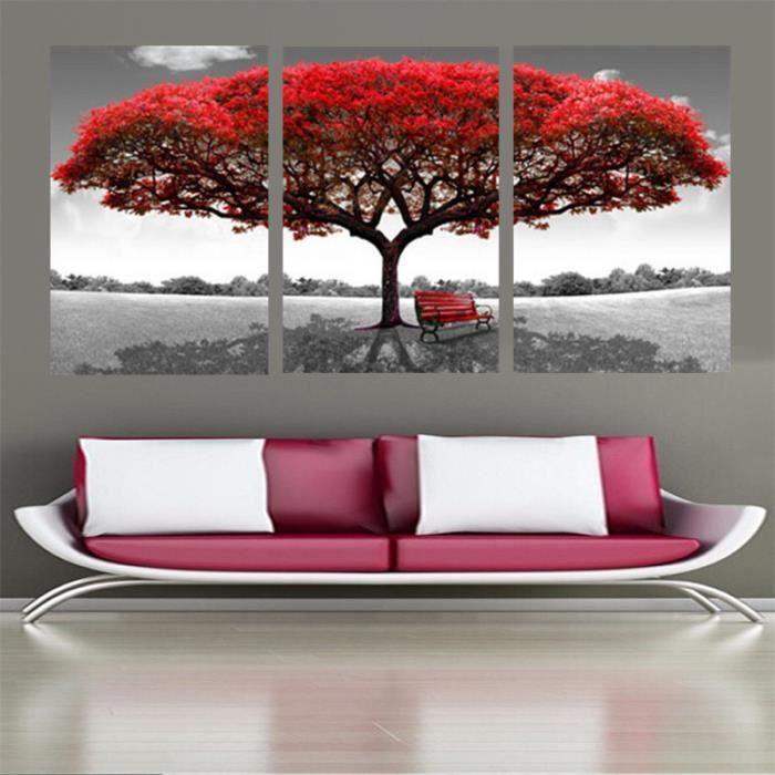 3 panneau arbre rouge paysage maison décoration art imprimer images toile  peinture Cuadros peintures modernes non encadrées - Cdiscount Maison