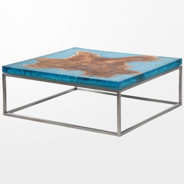 Table Basse En Bois Exotique Bleu Lagon De Forme Carre Achat