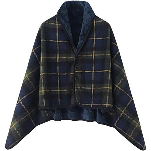 Poncho Polaire Femme Avec Boutons - Plaid Châle Cape D'Hiver Chaud à Carreaux - Taille M Ou L