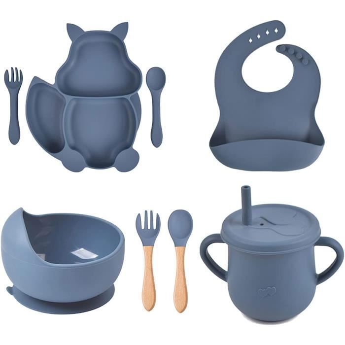 Coffret Repas Bebe,Lot de 8 Silicone Assiette Bébé Set avec Ventouse sans BPA Set de Vaisselle pour Bébé Enfants(Bleu)