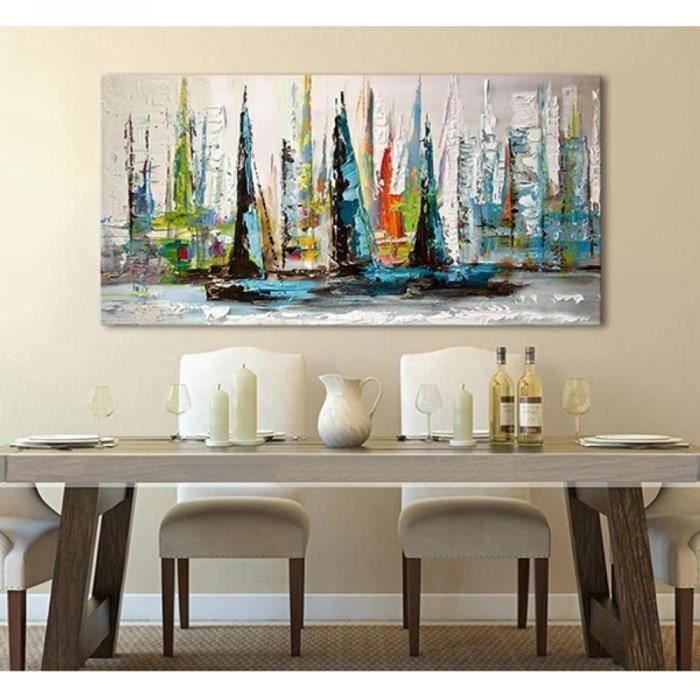 Tableau Peinture Huile Toile Bateaux Paysage Fait Main Art ...