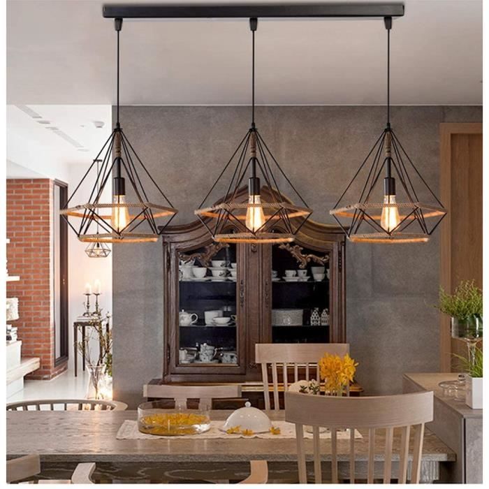 Zaku Lustre Suspension Industrielle Design 3 Lampes Diamant Chanvre Corde Métal LED Luminaire Plafonnier Abat-Jour E27