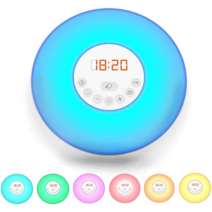 Radio-Réveil LED réveil lumineux 7 couleurs simulation lever/ coucher du soleil 230V
