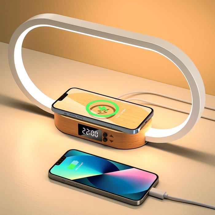 Lampe de Chevet Tactile - Charge Sans Fil - Ports USB - 3 Couleurs - LED Dimmable - Horloge Digitale