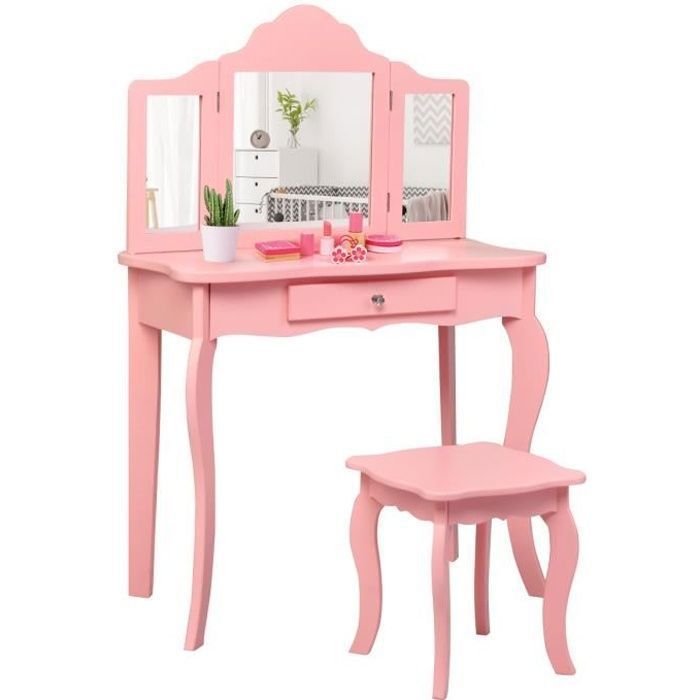 Coiffeuse Pour Enfants Avec Miroir Et Tabouret – Table De Maquillage Moderne En MDF, Facile à Monter