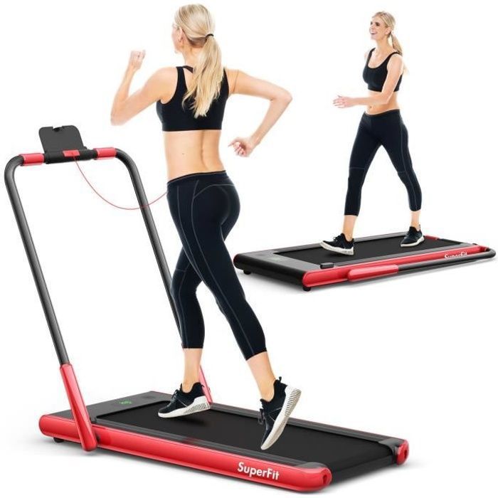 COSTWAY Tapis de Course Roulant Pliable Contrôle APP 1-12 KM-H Moteur 075CV Haut-parleur Bluetooth Roue Transport Écran LED Rouge