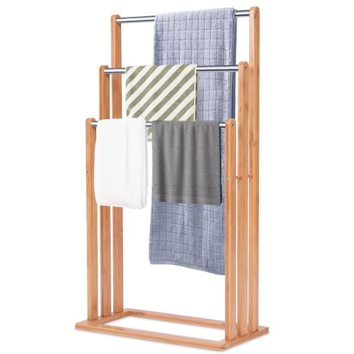 GIANTEX Porte-Serviettes en Bambou sur Pied avec 3 Barres Inox pour Ranger et Sécher les Serviettes Vêtements Torchons 46X24X84CM