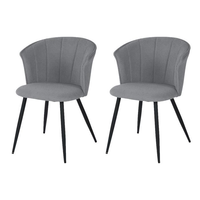 meubles cosy lot de 2 fauteuils chaises salle à manger,tissu effet laine bouclée gris,peds en métal noir,style scandinave