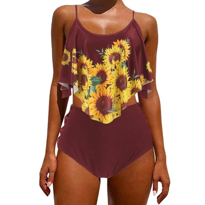 Tankini Rouge Maillot De Bain Tankini À Volants Imprimé Tournesol Rembourré Pour ...