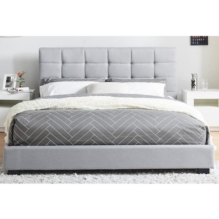 Lit Adulte Avec Tete De Lit Capitonnee En Tissu Gris Clair